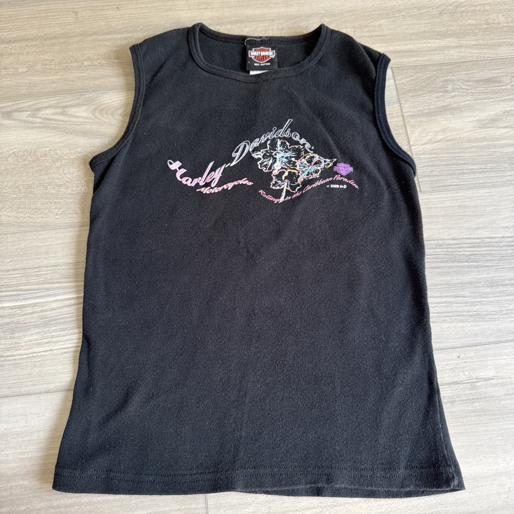 Harley Davidson Shirt Womens Large Fits Sm Black Tank Top Big Twin Aruba Biker